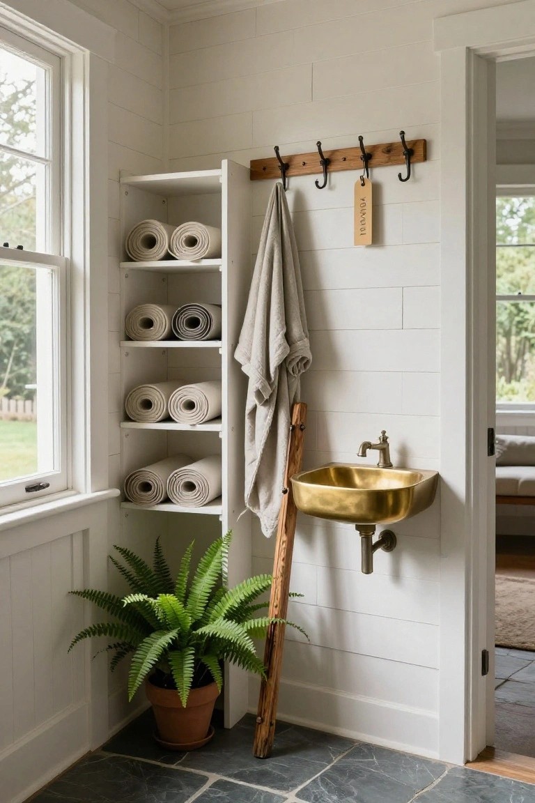White open shelving unit in corner of room holding rolled white towels on multiple shelves, gray towel hanging nearby, brass sink mounted on wall, potted green fern on floor, wooden staff leaning against wall, shiplap walls, slate tile floor, window with outdoor view.