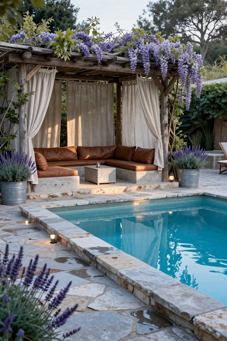 Wooden pergola with purple wisteria vines and white draped curtains sheltering tan leather L-shaped sofa and low concrete table by a small blue pool, with lavender plants in galvanized buckets on stone paving.