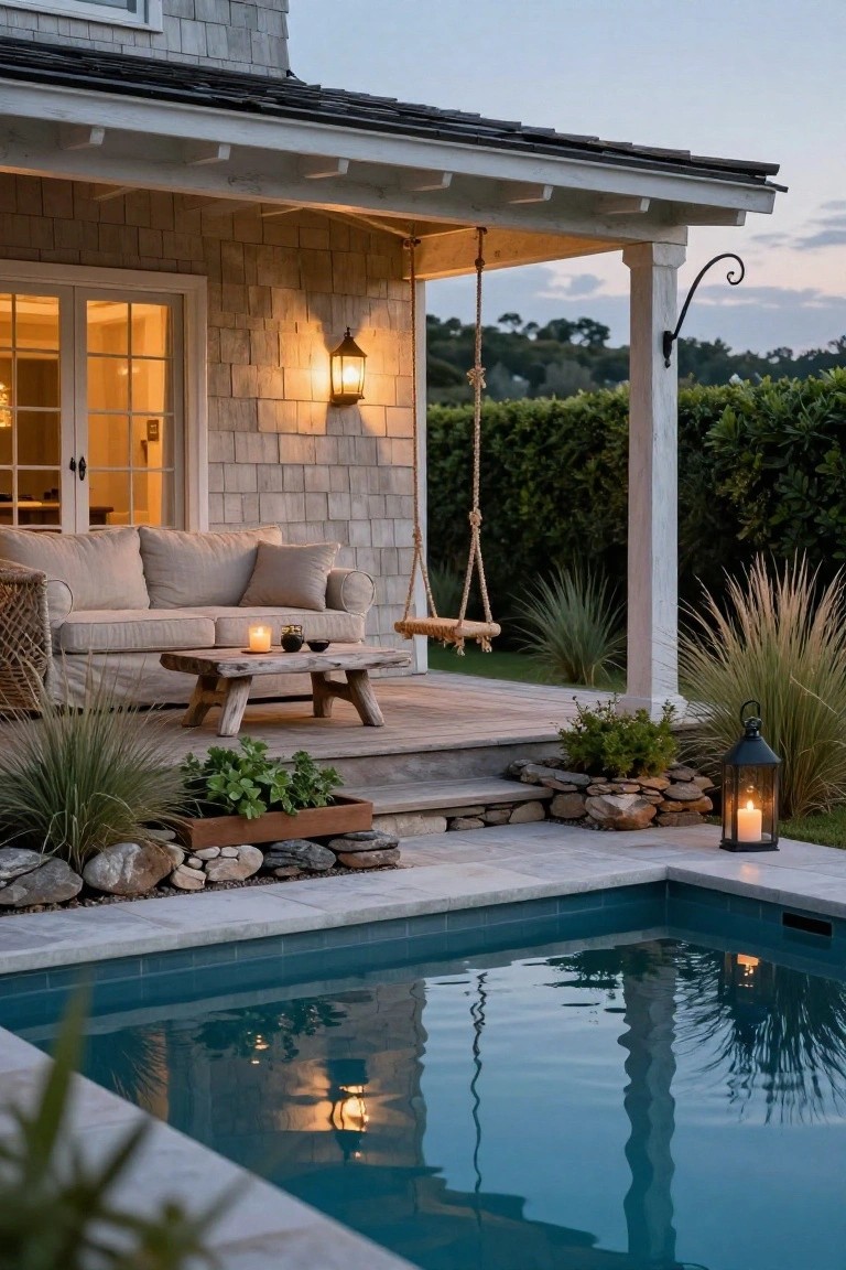 Covered porch on shingle house with beige sofa, rope swing, wooden table, lanterns, steps to pool deck with rocks, plants, and teal pool water at dusk.