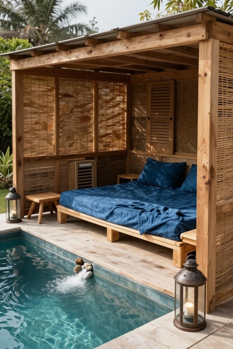 Wooden open-air pavilion with bamboo screens, low platform bed with blue bedding, small stools, air conditioner unit, and lanterns next to a turquoise pool with rock water feature.