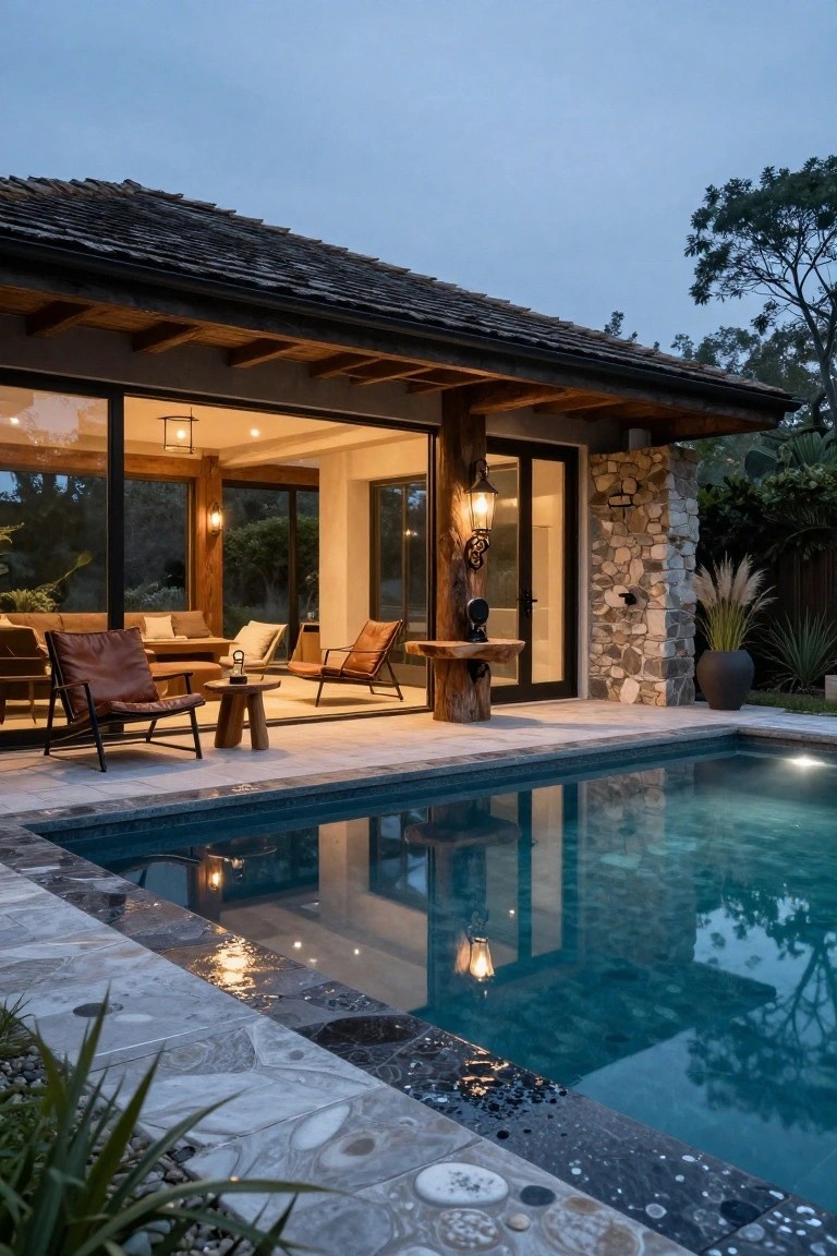 Rustic wood-beamed pool house pavilion with open glass walls and doors, brown leather armchairs, wooden stump table, stone walls, adjacent tiled pool deck and lit blue pool at dusk with plants and trees nearby.