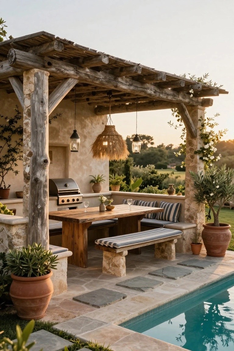 Rustic wooden pergola with hanging lanterns over a stone outdoor kitchen with built-in grill, wooden dining table and benches, potted plants, and steps leading to a turquoise pool.