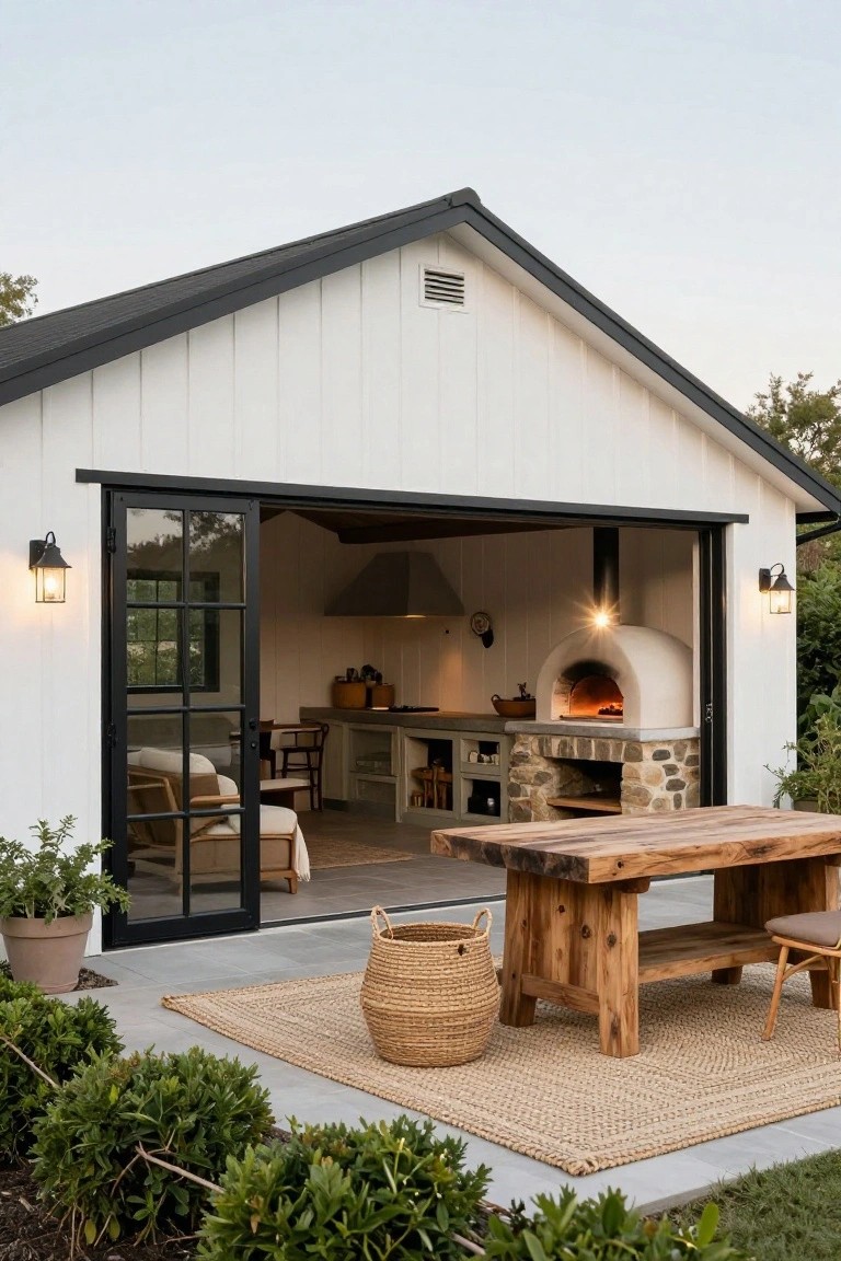 White board-and-batten pool house with open black sliding doors revealing interior kitchen, wood-fired pizza oven on stone base, wooden dining table and benches on gray patio with seagrass rug and potted plants.