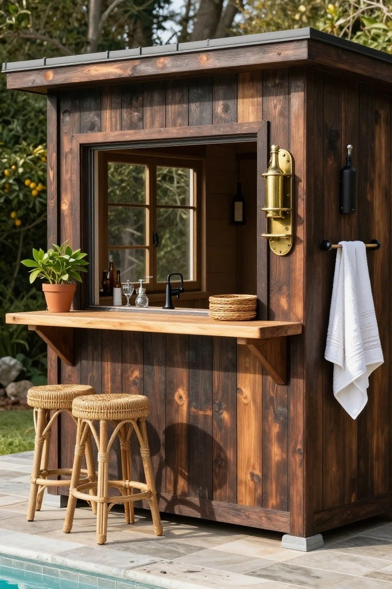 Small rustic wooden hut with charred wood siding and metal roof serving as a poolside bar, with wooden countertop, black faucet sink, rattan barstools, potted plant, bottles, glasses, basket, hanging towel, and brass lantern, on pavers next to turquoise pool amid greenery and trees.