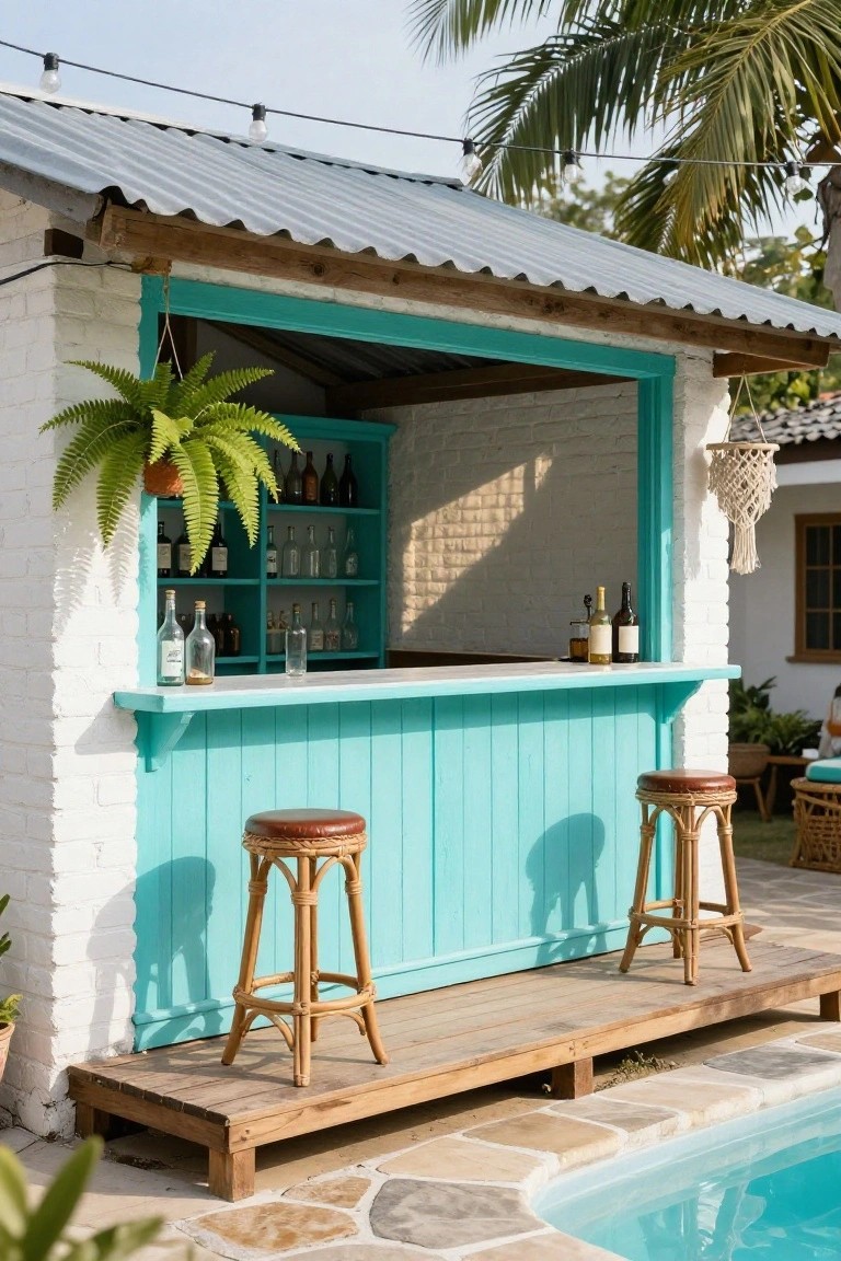 Outdoor bar structure with turquoise paneled counter and front, white brick interior walls, wooden stools, potted ferns, liquor bottles on shelves, and swimming pool nearby under palm trees.