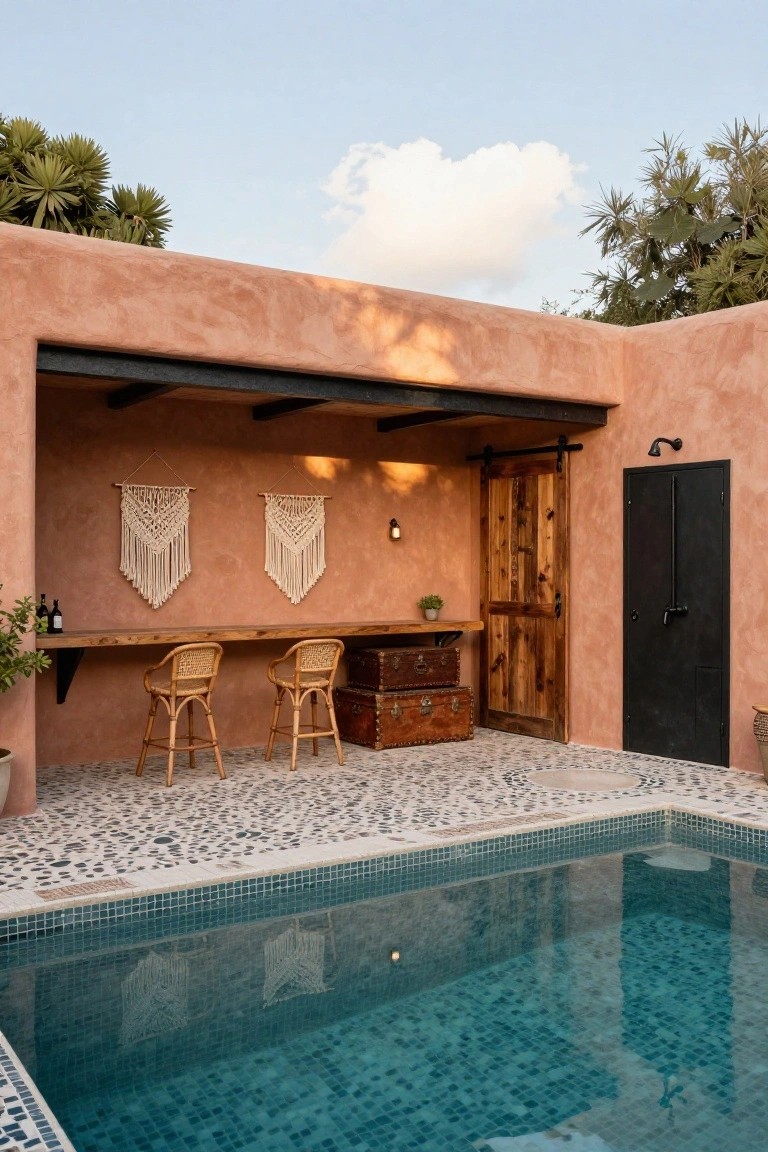 Rustic outdoor bar with wooden counter, rattan stools, macrame hangings, and vintage trunks next to a turquoise-tiled pool, under pink adobe walls with sliding wood door.