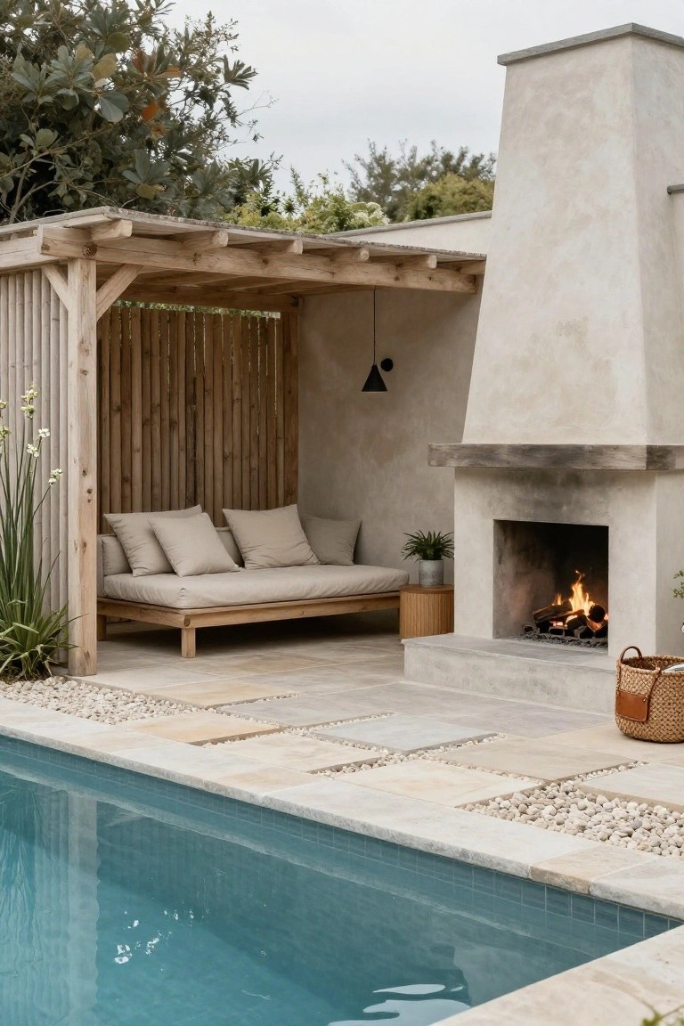 Wooden pergola with vertical slats enclosing a cushioned daybed and side table next to a stucco outdoor fireplace with burning logs, pebble ground, plants, and turquoise pool edge.