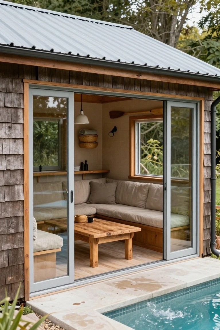 Rustic pool house with gray metal roof and brown shingle siding, large open sliding glass doors showing interior beige couch, wooden table, shelves, and pendant light, adjacent to tiled pool on stone deck with plants and trees in background.