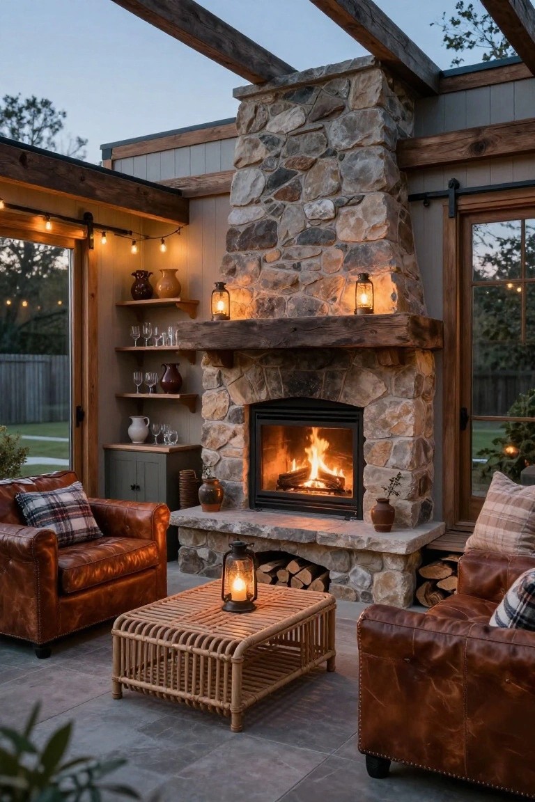 Covered outdoor patio with stacked stone fireplace containing burning logs, two leather armchairs around a rattan coffee table, lanterns on shelves and floor, string lights, and views to a fenced yard.