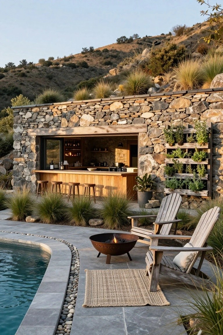 Rustic stone outdoor bar with wooden counter and stools next to a pool, Adirondack chairs around a fire pit, herb planters on the wall, and pebbled edging on gray pool deck against a dry hillside.