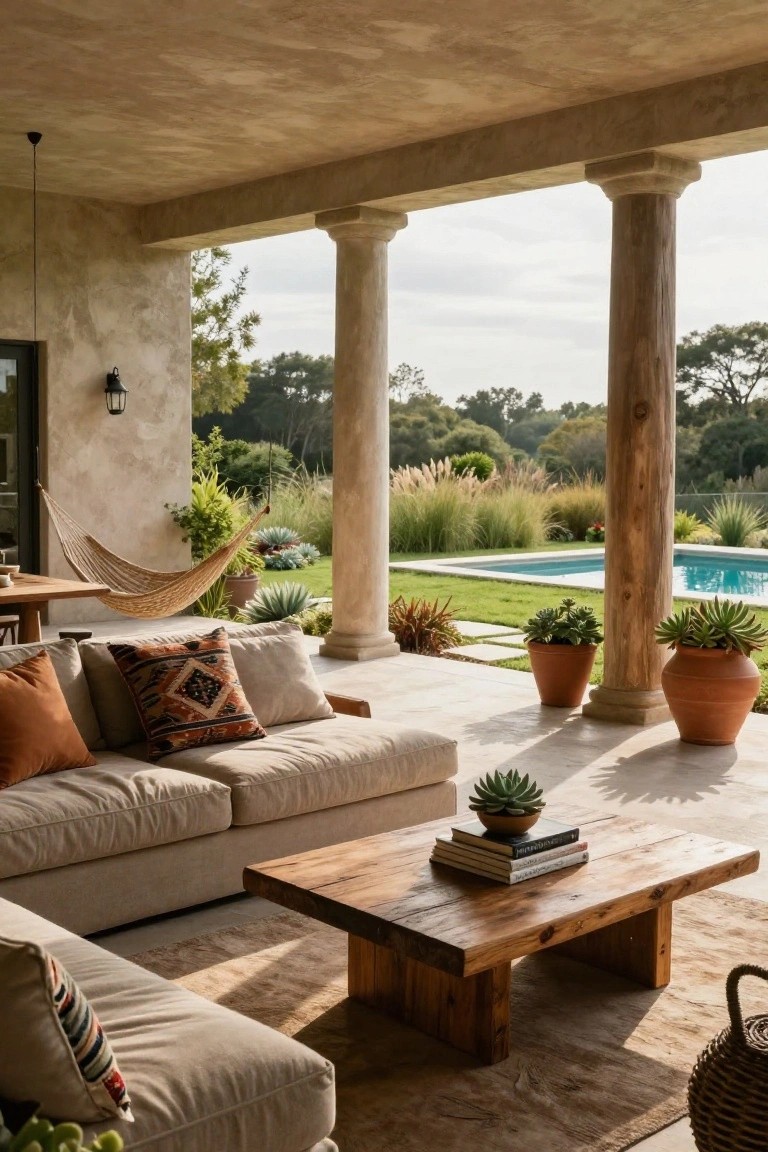 Outdoor covered terrace featuring a beige sectional sofa with patterned pillows, wooden coffee table with stacked books, hanging hammock, potted succulents, rustic timber columns, and a view of a blue swimming pool with surrounding greenery.