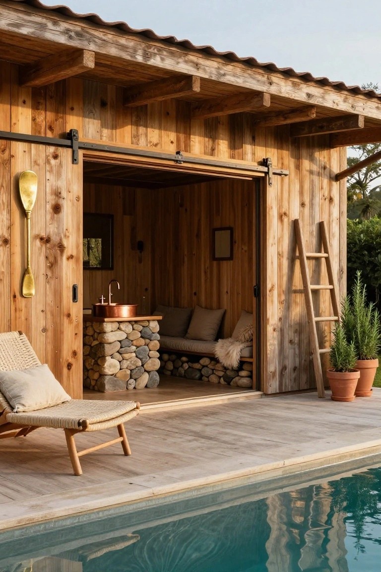 Rustic wooden pool house with open sliding barn doors next to a turquoise swimming pool, copper sink on stone pillar base inside, built-in bench with cushions, leaning ladder, potted plants, and wicker chaise lounge on wooden deck.