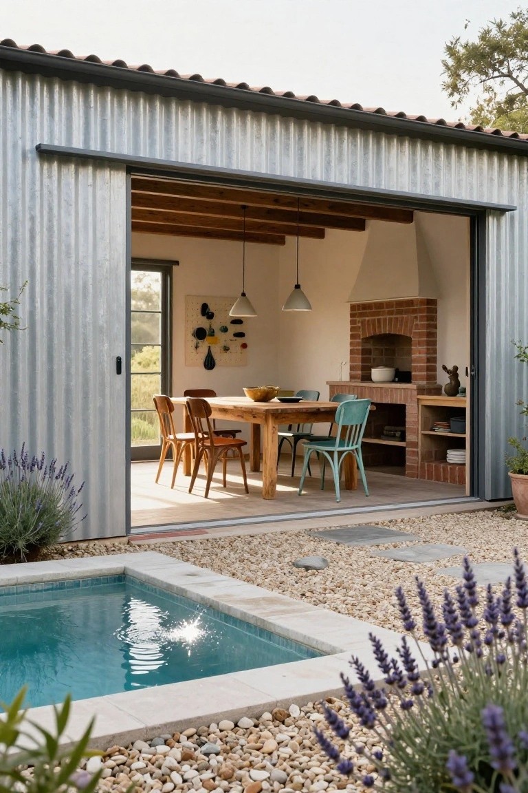 Corrugated metal pool house with large open sliding barn door revealing interior dining table with mixed chairs, brick fireplace, and shelves, next to a small turquoise pool on gravel patio with lavender plants.