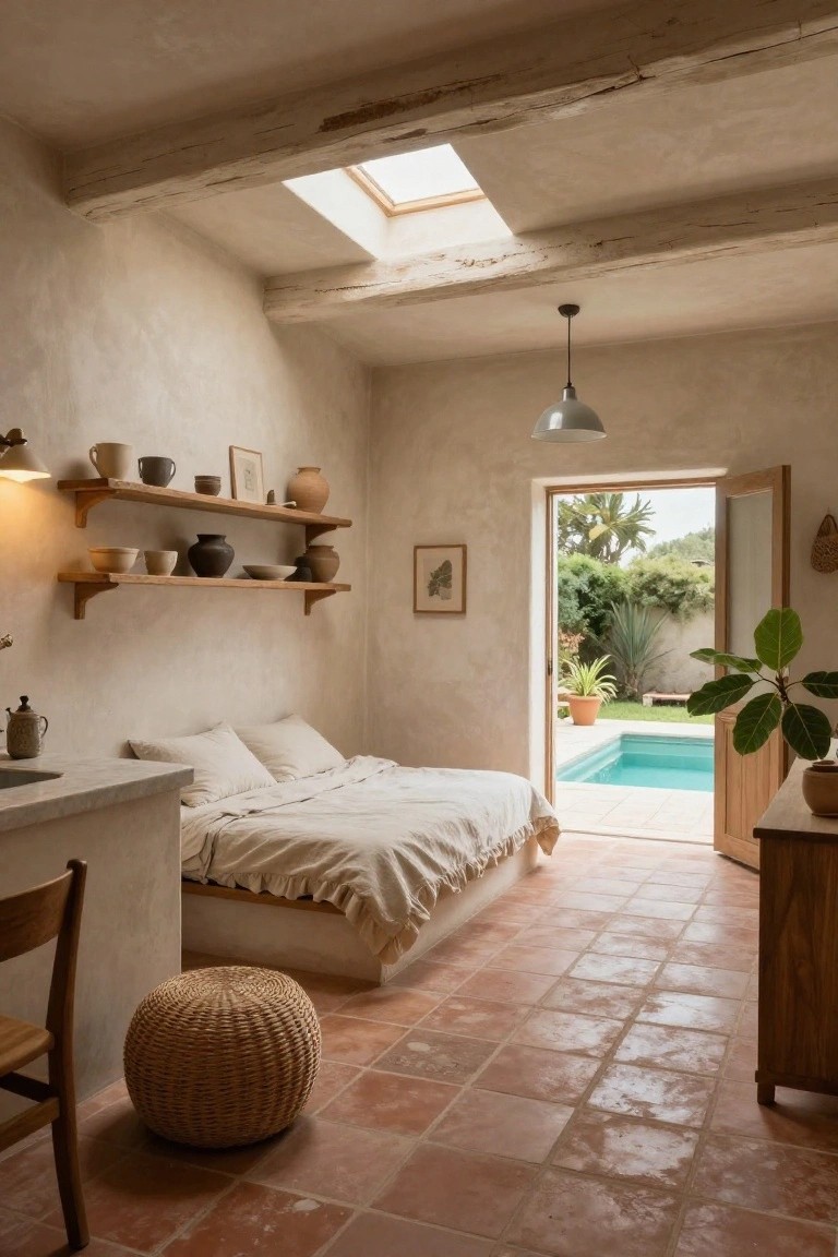Rustic pool house bedroom interior with terracotta tile floor, low platform bed with white linens, wooden shelves holding pottery, open wooden door to turquoise pool, and potted plants.