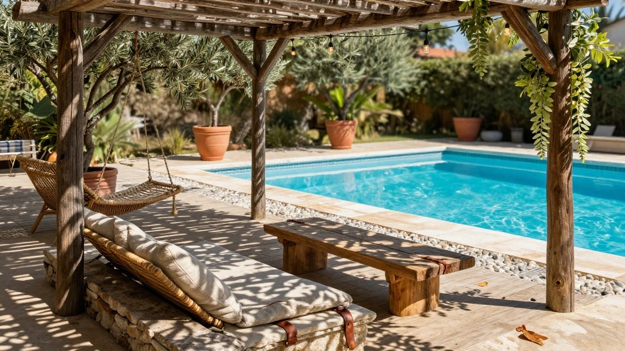 Rustic wooden pergola with string lights and climbing vines shades a beige-cushioned rattan daybed and wooden stool next to a blue-tiled pool edge, surrounded by potted olive trees and greenery.