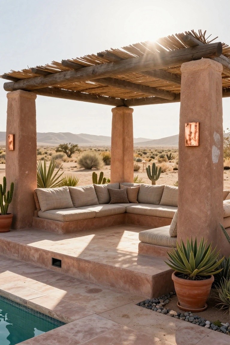 Rustic pergola with pink adobe pillars, wooden beams, and thatched roof over low beige cushioned seating next to a turquoise pool in a desert landscape with cacti, agave plants, and distant mountains.