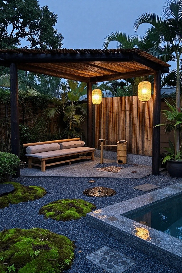 Bamboo pergola with slatted roof and posts sheltering a wooden daybed with beige cushions on gravel ground near a pool, surrounded by mossy rocks, plants, and lit by hanging lanterns at dusk.