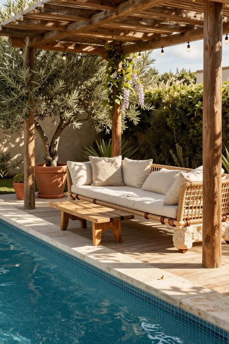 Rustic wooden pergola with string lights and climbing vines shades a beige-cushioned rattan daybed and wooden stool next to a blue-tiled pool edge, surrounded by potted olive trees and greenery.