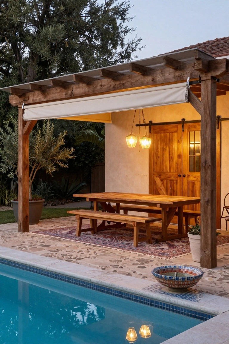 Wooden pergola with beige fabric shade over a long rectangular dining table and benches on a patterned rug next to a pool, with hanging lanterns, potted olive tree, and wooden sliding doors on an adobe-style wall.