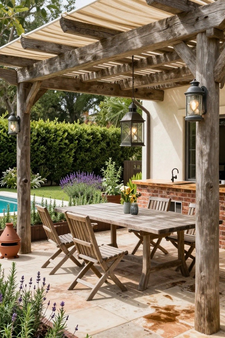 Rustic wooden pergola with beige fabric shade over a rectangular wooden dining table and chairs on a stone patio next to a swimming pool, with an outdoor brick kitchen counter, potted plants, and lanterns hanging from the beams.