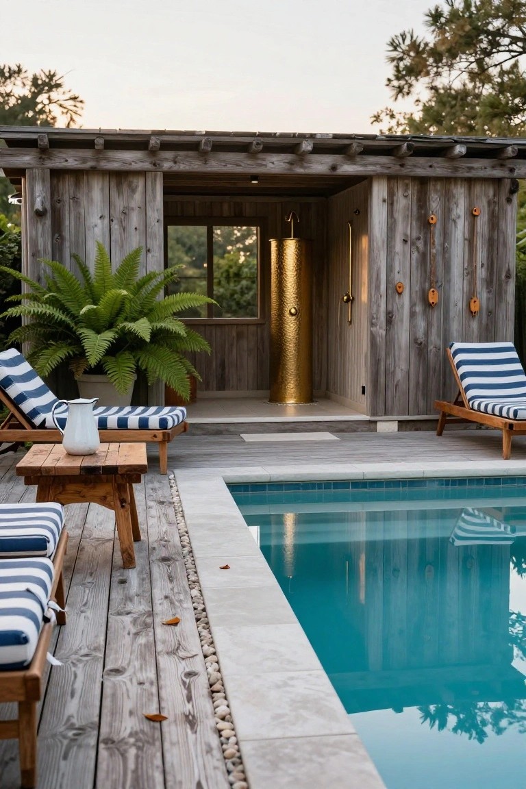 Rustic wooden pergola enclosing a golden outdoor shower pillar next to a turquoise pool, with striped lounge chairs on a wooden deck and ferns nearby.