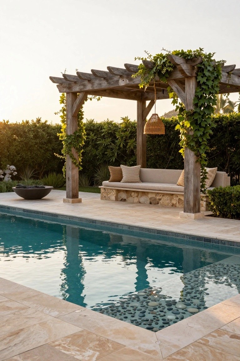 Rustic wooden pergola covered in climbing green vines with a hanging rattan lantern shades a built-in cushioned bench on a stone base next to a turquoise pool edged in pebbles and a black fire bowl nearby.