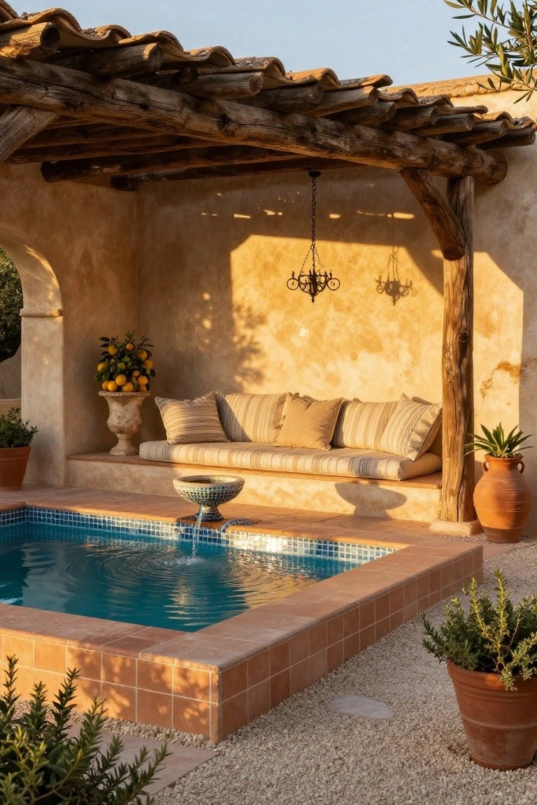 Rustic wooden pergola with terracotta tile roof over a small turquoise-tiled plunge pool with fountain, built-in beige cushioned bench on stucco platform, potted orange tree, terracotta pots, and olive branches in a gravel garden.