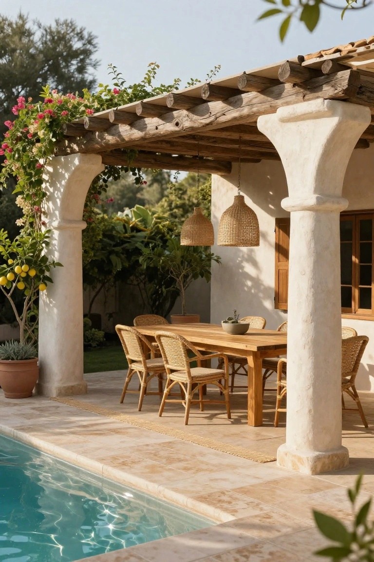 Rustic wooden pergola with pink bougainvillea vines covering the beams, sheltering a wooden dining table with rattan chairs next to an infinity-edge pool, white stucco columns, potted lemon tree, and garden backdrop.