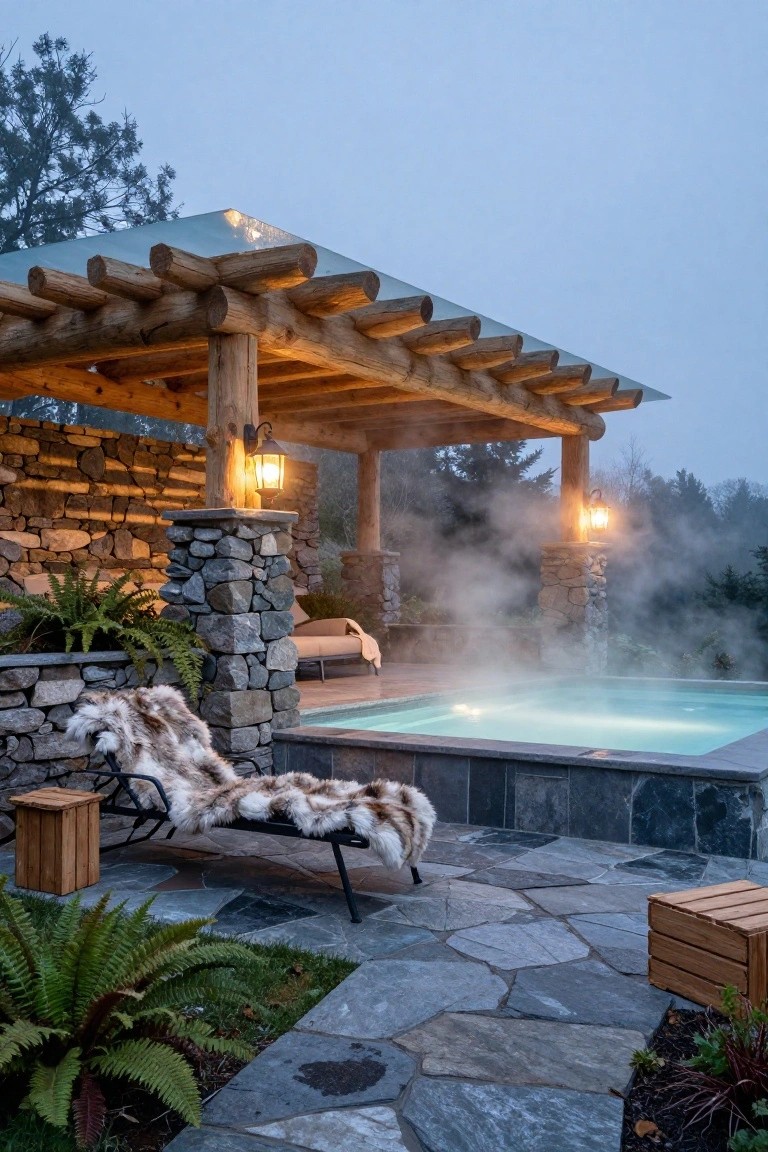 Wooden log pergola with glass roof over a steaming turquoise hot tub, stone pillars and walls, lounge chair with fur blanket, lanterns, and plants on a slate patio in misty dusk.