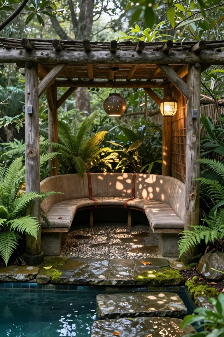 Rustic wooden pergola sheltering a curved beige bench seat next to a turquoise pool edged in stone slabs, surrounded by dense green ferns and tropical plants.