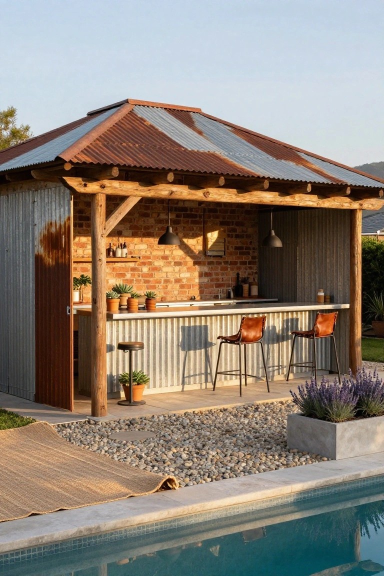 Rustic outdoor pergola with corrugated metal roof and siding, brick bar counter, wood posts, bar stools, potted plants, gravel ground, and swimming pool nearby.