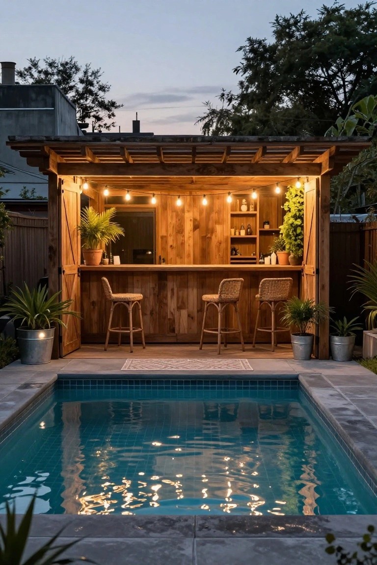 Rustic wooden pergola enclosing a bar counter with two rattan stools and potted plants, positioned next to a small turquoise pool with string lights overhead at dusk.