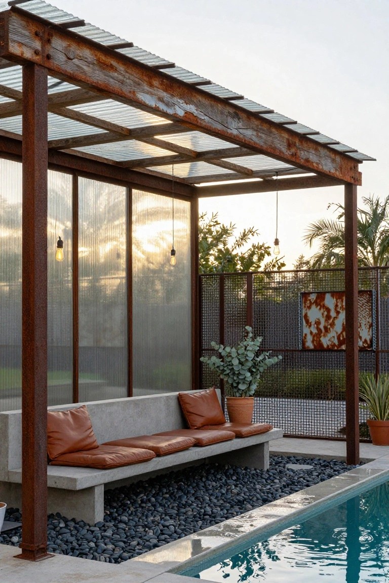 Rusted steel pergola with corrugated translucent roof and mesh screens enclosing a concrete bench with orange leather cushions next to a swimming pool edged in black pebbles.