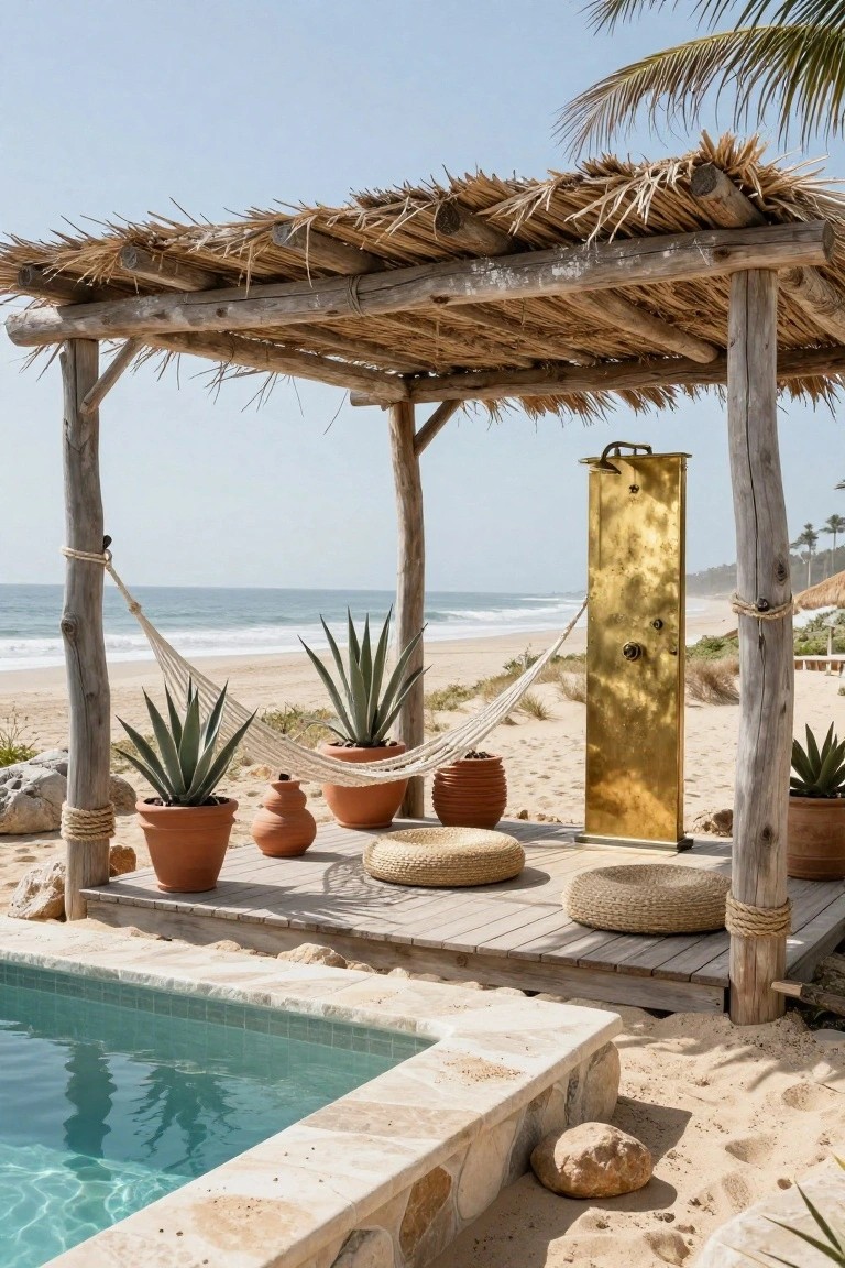 Thatch-roofed pergola on elevated wooden deck beside turquoise pool, with hanging hammocks, terracotta pots of agave plants, woven floor cushions, brass outdoor shower, beach sand, and ocean view.