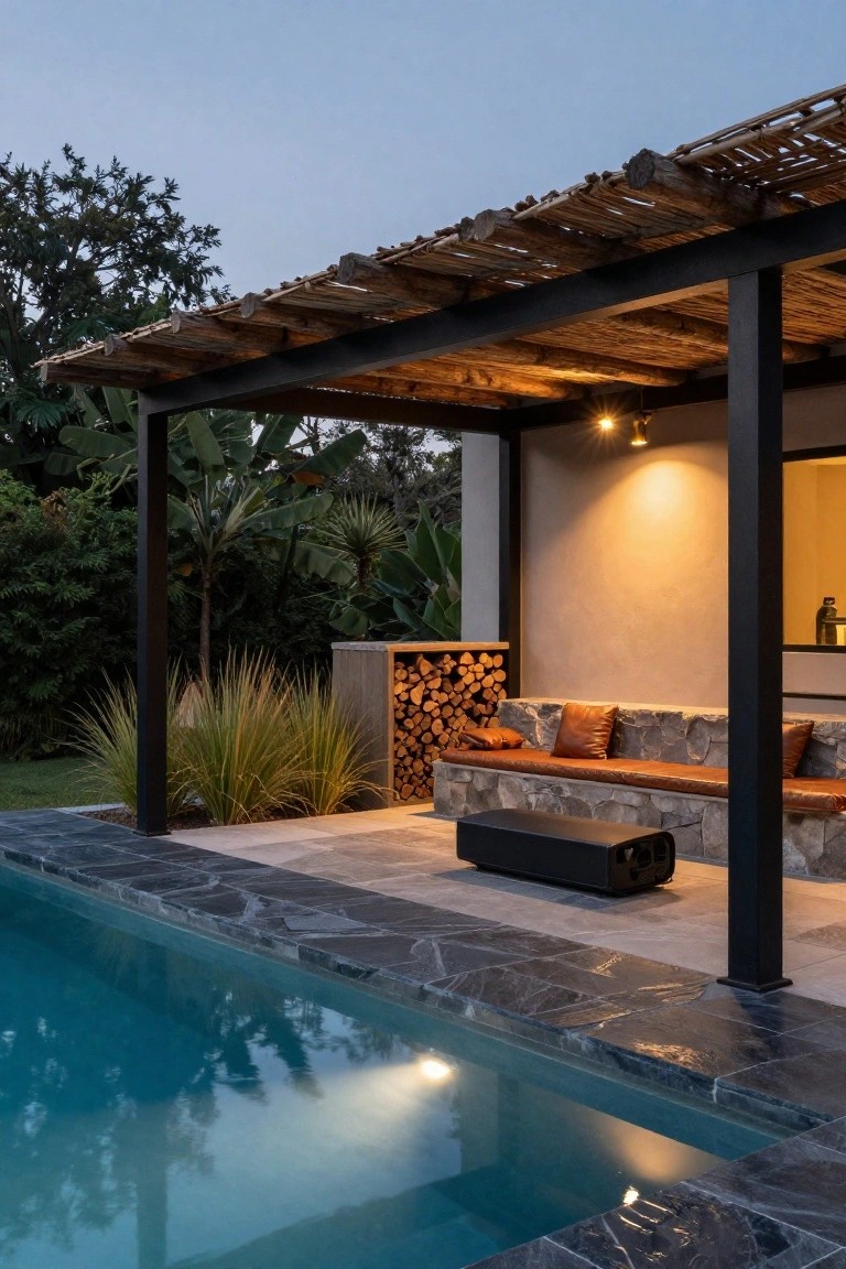 Thatched pergola with black steel frame and warm lighting beside an infinity-edge pool, stone bench with brown cushions, wood stack, and tropical plants in the evening light.