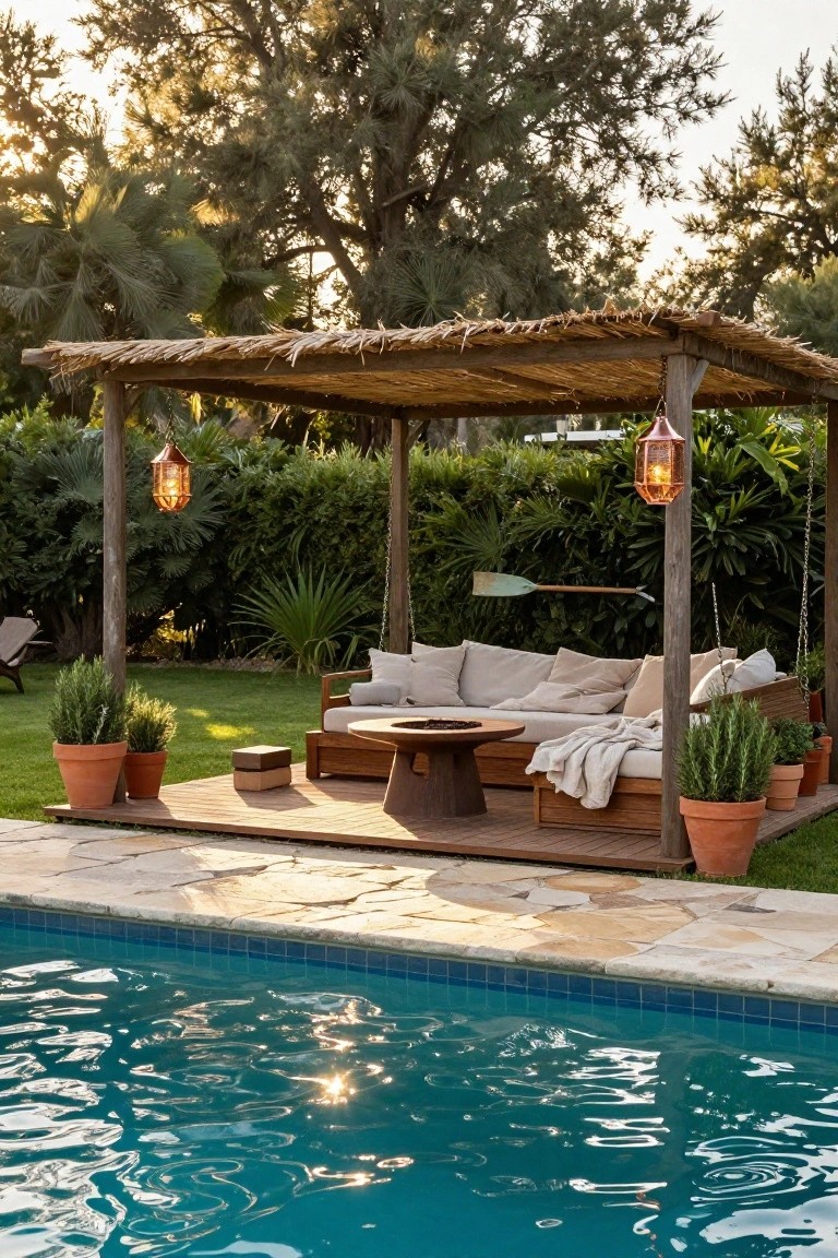 Wooden pergola with thatched roof over a deck featuring beige L-shaped sofa, round fire table, throw blanket, potted plants, and lanterns, adjacent to turquoise pool with stone pavers and surrounded by palms, hedges, and trees at sunset.