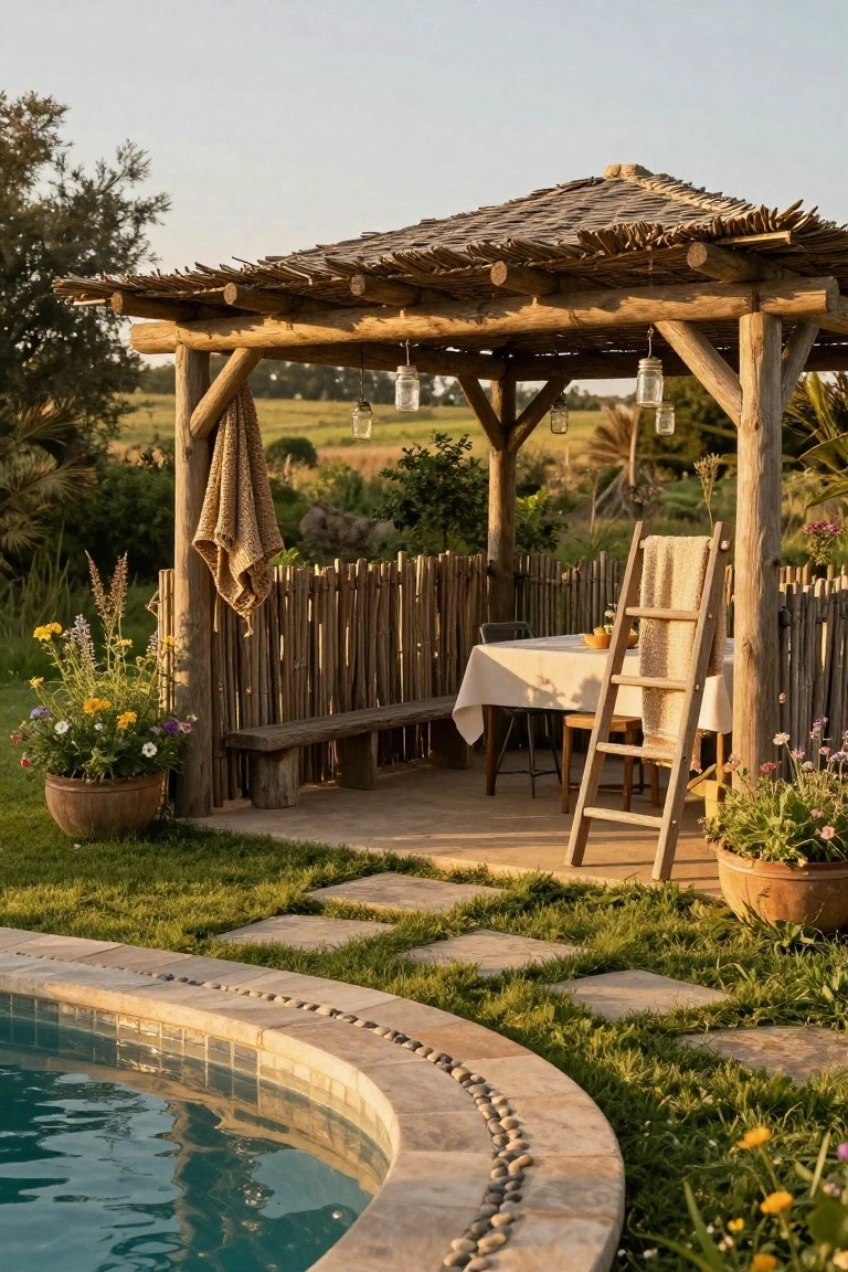 Wooden pergola with thatched roof sheltering a white-draped table, chairs, and ladder next to a curved turquoise pool edged in stone, with potted plants, benches, and garden fencing nearby.