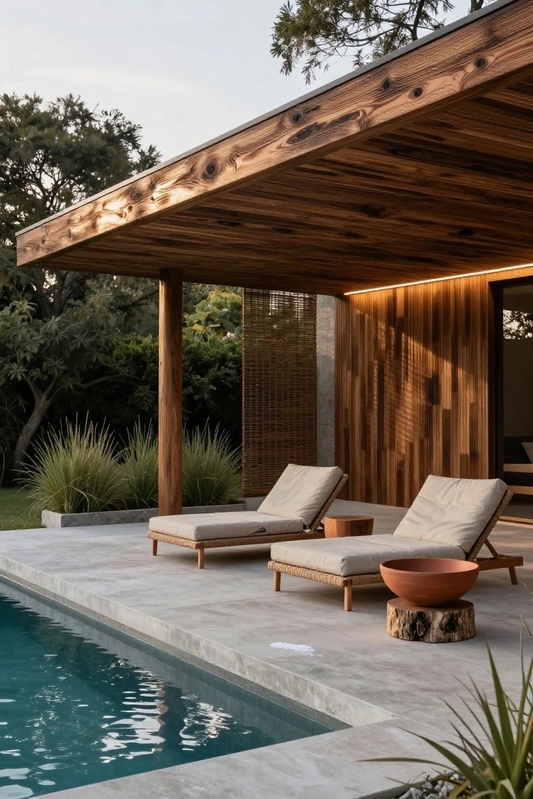 Wooden pergola with exposed beams shading two cushioned loungers and a stump table on a concrete deck beside an in-ground pool, with plants and trees in the background.