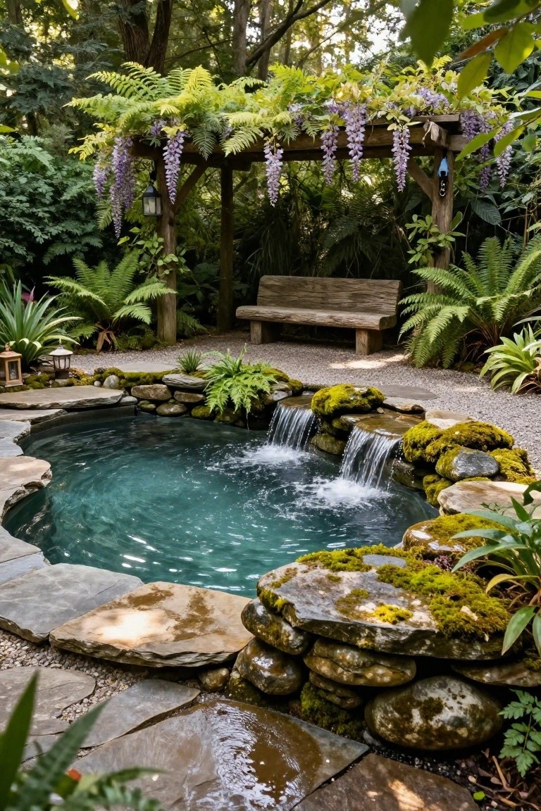 Small turquoise pool with stone waterfall and mossy rocks in a garden patio, wooden bench under wisteria pergola, surrounded by ferns and gravel path