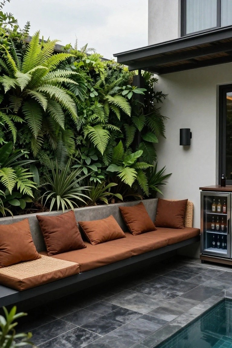 Long built-in bench with orange cushions and rattan accent next to a bar fridge on a dark tiled poolside patio, backed by a lush green fern wall and adjacent swimming pool.