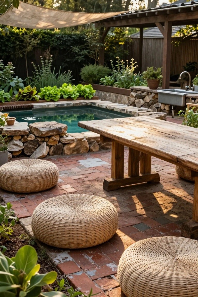 Backyard patio with a rectangular green-tiled plunge pool edged in natural stone, a long rustic wooden dining table positioned directly beside the pool on brick pavers, surrounded by multiple round woven pouf seats, garden beds with vegetables, and a beige shade sail overhead.