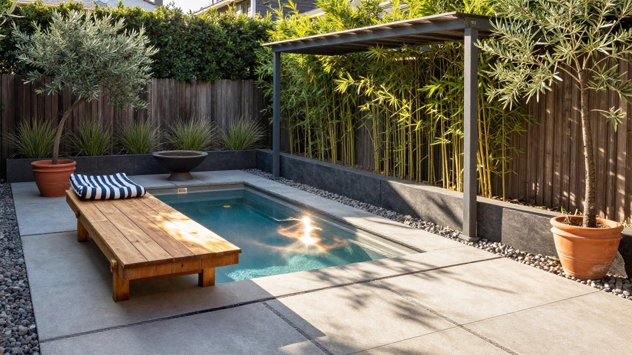 Backyard swimming pool with light gray concrete deck, wooden daybed topped with blue and white striped cushions, black stone fire bowl nearby, wooden fence, plants, and metal pergola overhead.