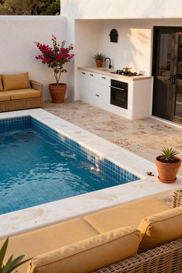 Small rectangular blue mosaic-tiled plunge pool next to a built-in white outdoor kitchen with gas cooktop, oven, and cabinets in a stucco-walled courtyard patio with yellow rattan lounge chairs and potted plants.
