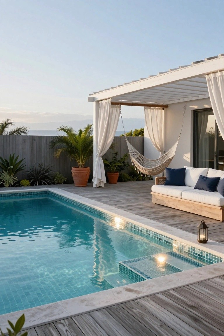Wooden deck patio beside a turquoise mosaic-tiled pool, with white sofa and navy pillows, hanging white hammock, potted plants, terracotta pots, open white pergola with sheer white curtains, and distant greenery.