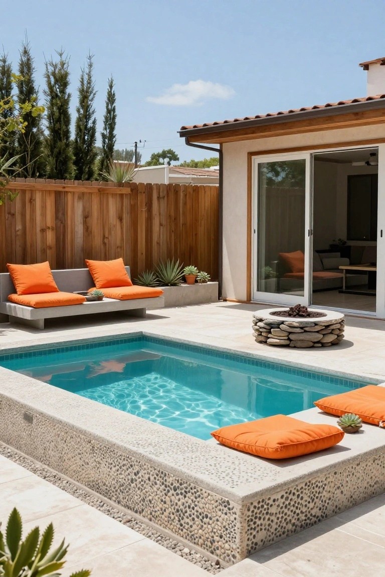 A small rectangular turquoise plunge pool with wide white pebble mosaic concrete coping used as built-in benches with orange cushions, a circular stone fire pit nearby, low concrete lounge seats, and sliding glass doors from a beige house in a fenced backyard.