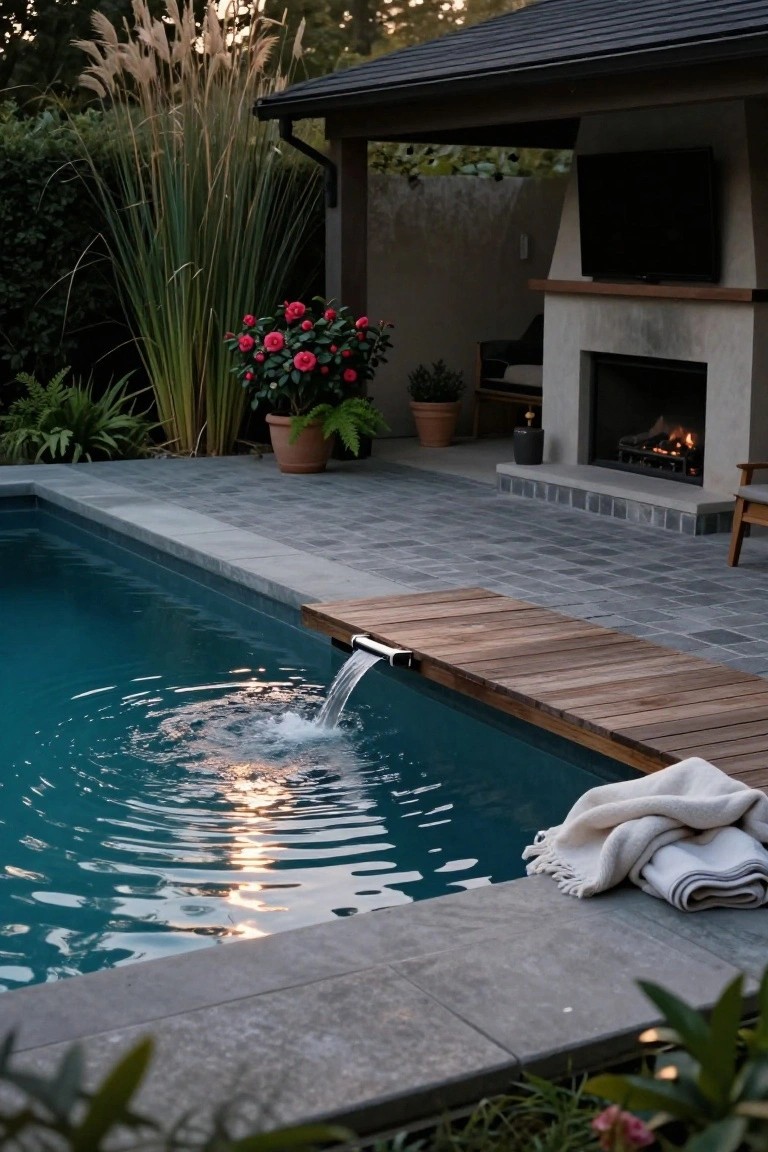 Backyard pool with turquoise water and a wooden deck extending over the edge from which a waterfall cascades down, next to a gray stone patio area featuring an outdoor fireplace, TV, plants, and chairs.