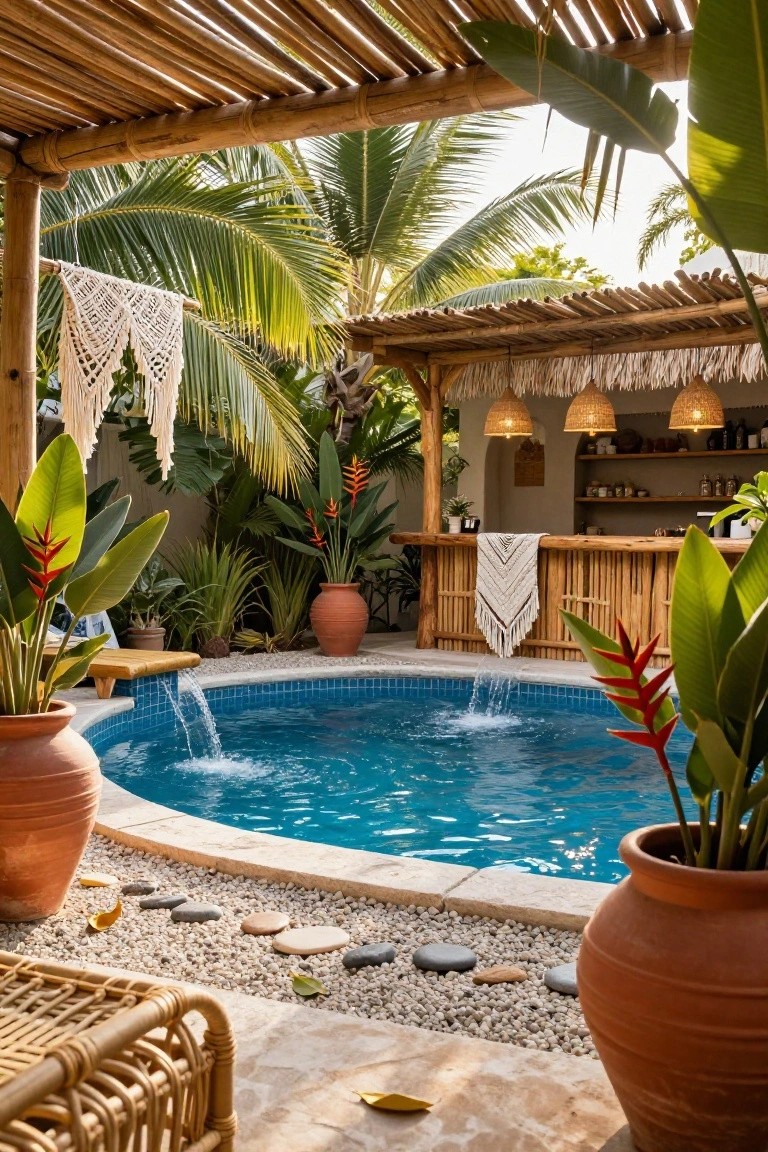 Curved blue pool with waterfall edge next to a bamboo bar under thatched roof, surrounded by tropical plants, terracotta pots, and pebble ground in a backyard setting.