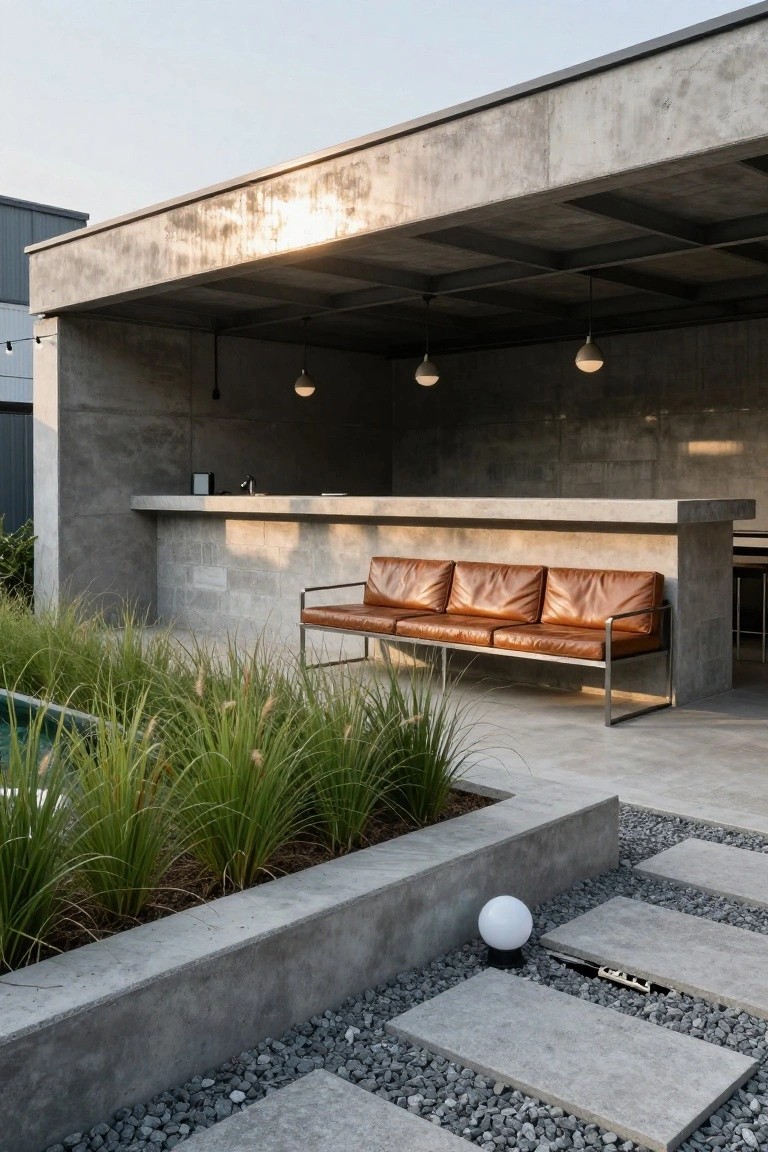 Outdoor concrete bar counter with orange leather sofa seating next to a pool, flanked by tall grasses in raised beds and pebble stone paths.