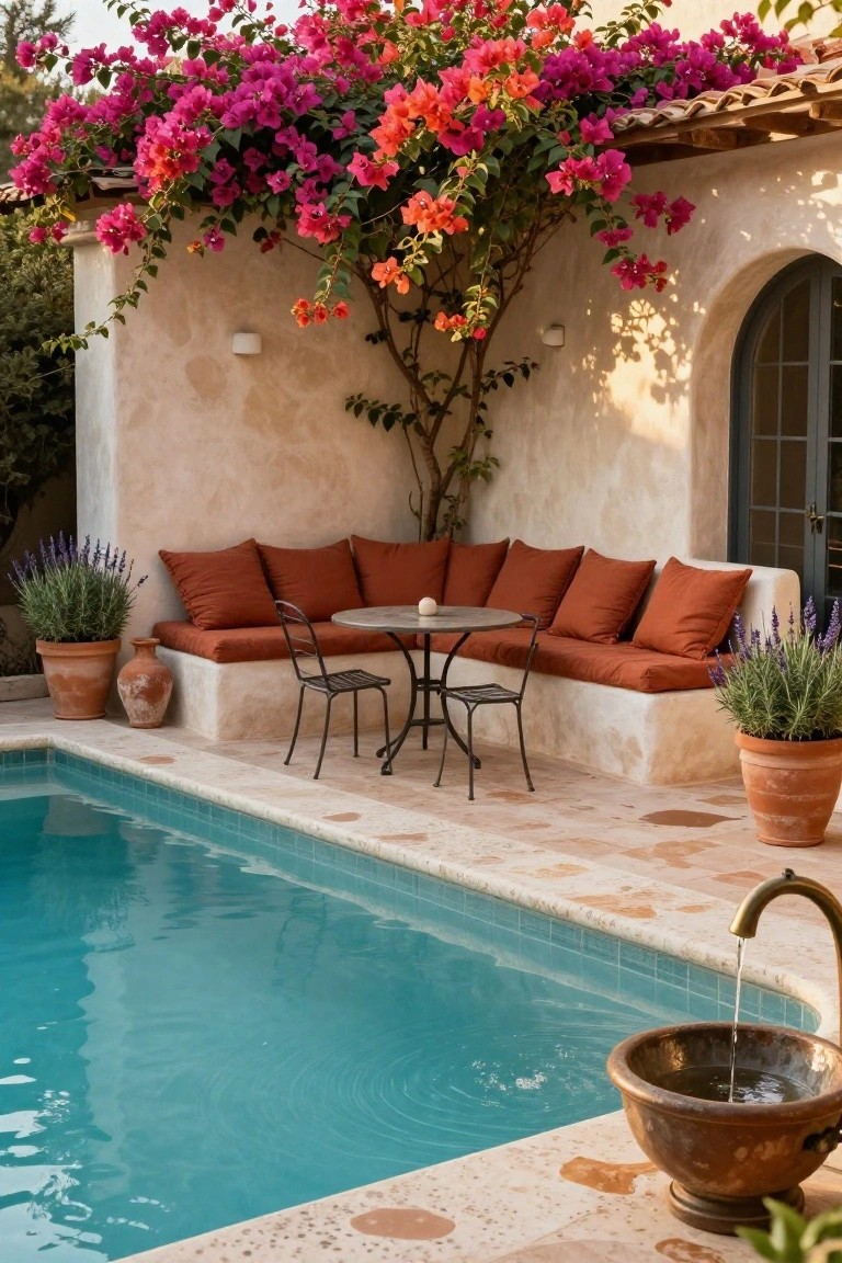 Curved beige stucco wall with rust-colored cushioned bench seating, small round metal table with two chairs, adjacent turquoise-tiled pool, potted lavender plants, terracotta pots, and pink bougainvillea vines overhead.