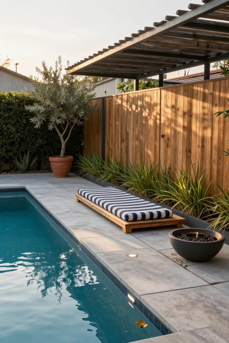 Backyard swimming pool with light gray concrete deck, wooden daybed topped with blue and white striped cushions, black stone fire bowl nearby, wooden fence, plants, and metal pergola overhead.